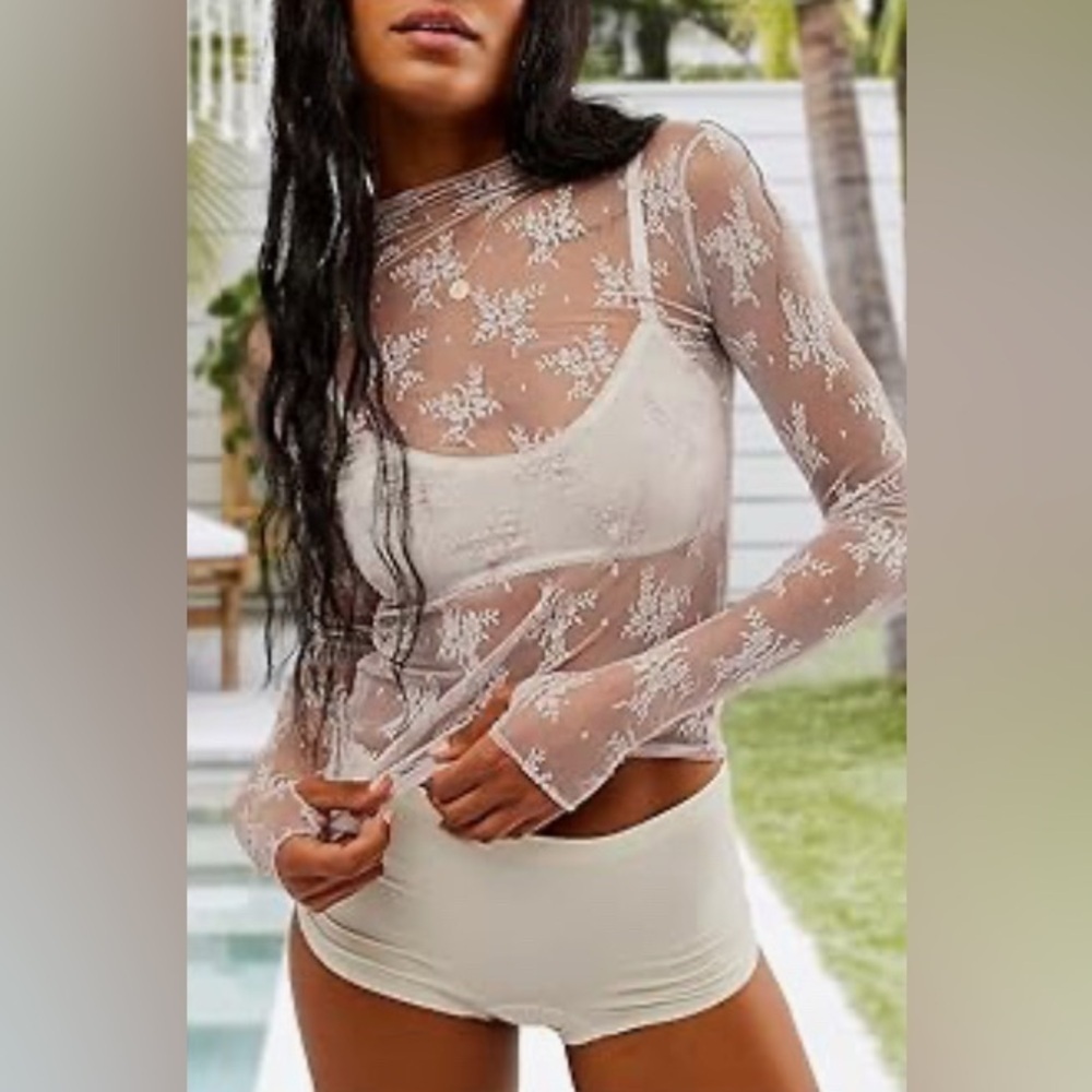 Tops Mesh w/ Lace Long Sleeve Mock Neck Sexy w/ Thumb Hole~  White or Cream - Picture 13 of 16